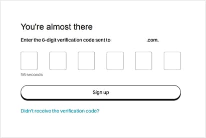 Create account step 2: Enter the email verification code