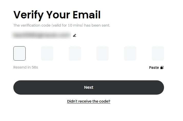 Create account step 2: Enter the email verification code