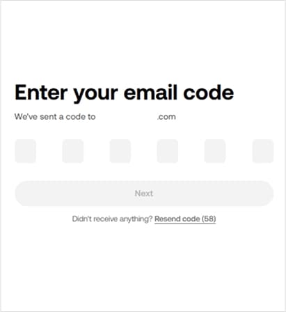 Create account step 2: Enter the email verification code
